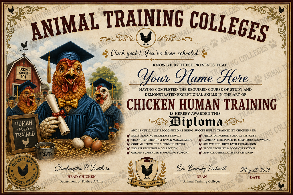 Chicken Human Training Diploma – Officially Trained by Your Chickens
